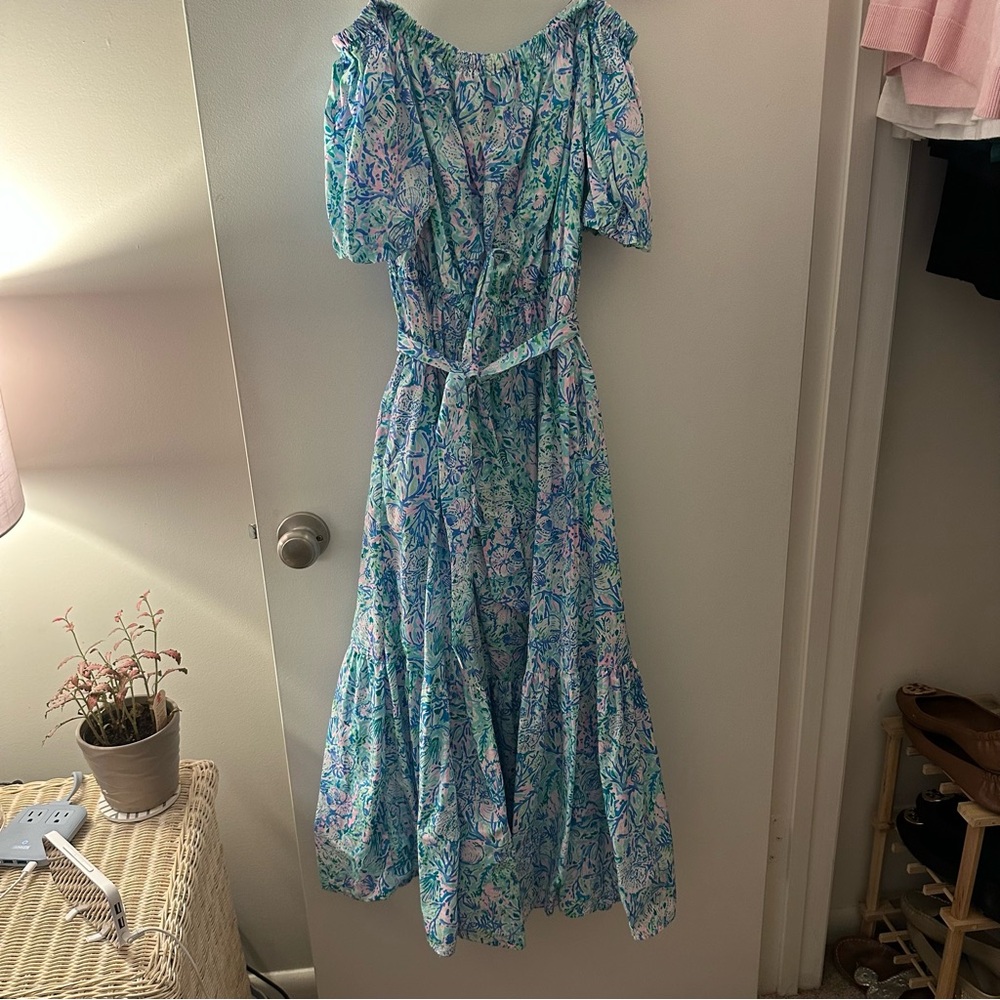 Lilly Pulitzer Tamie Off The Shoulder Midi Dress in Surf Blue Soleil It On Me